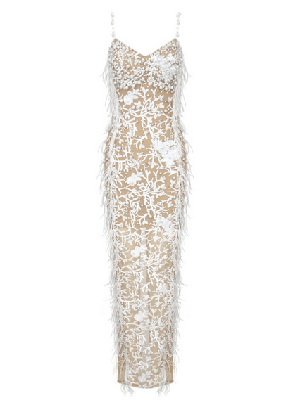 White Beaded and Feathers Maxi Dress