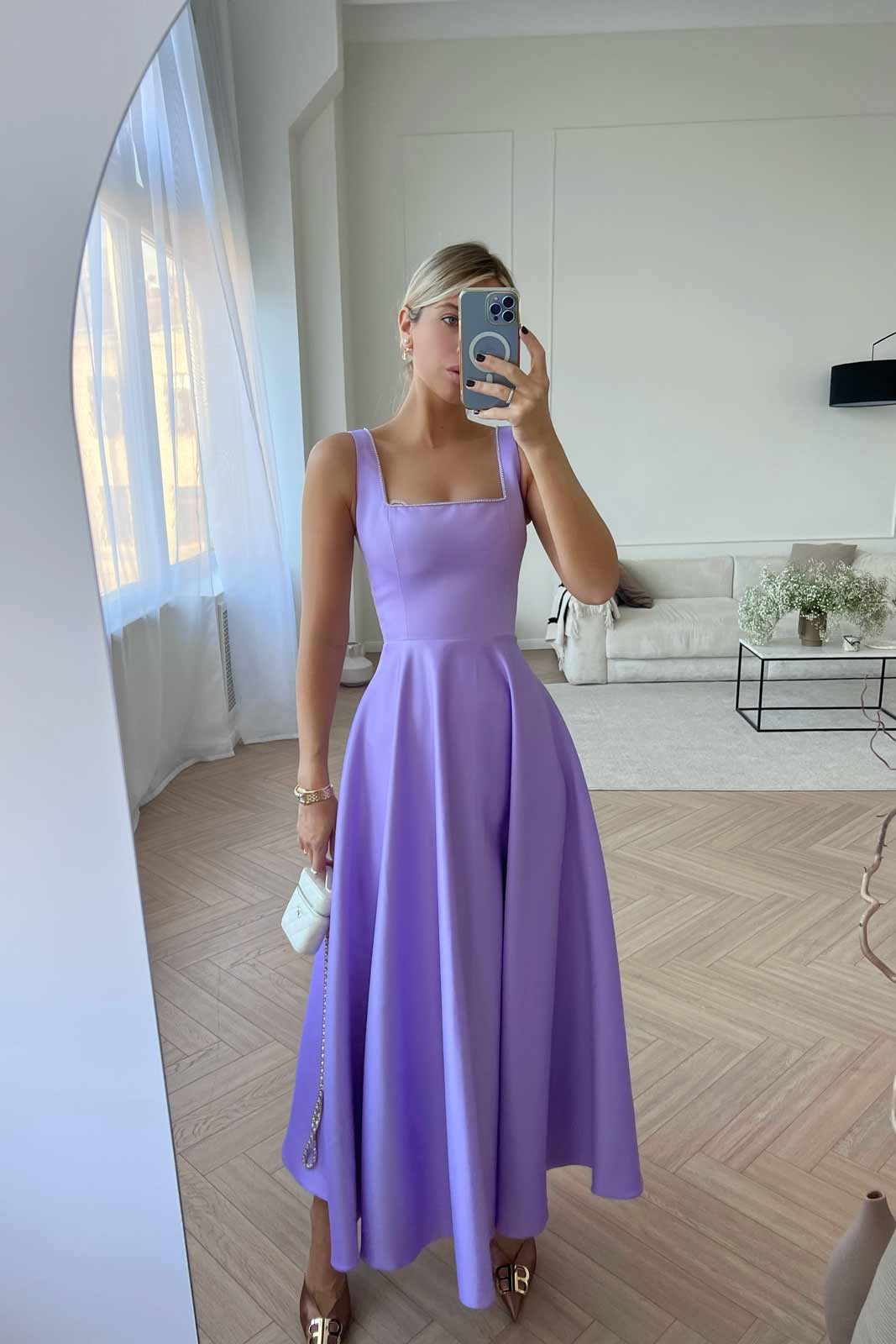 Strap Decorated Bodice Midi Dress in Lavender – Space Shot