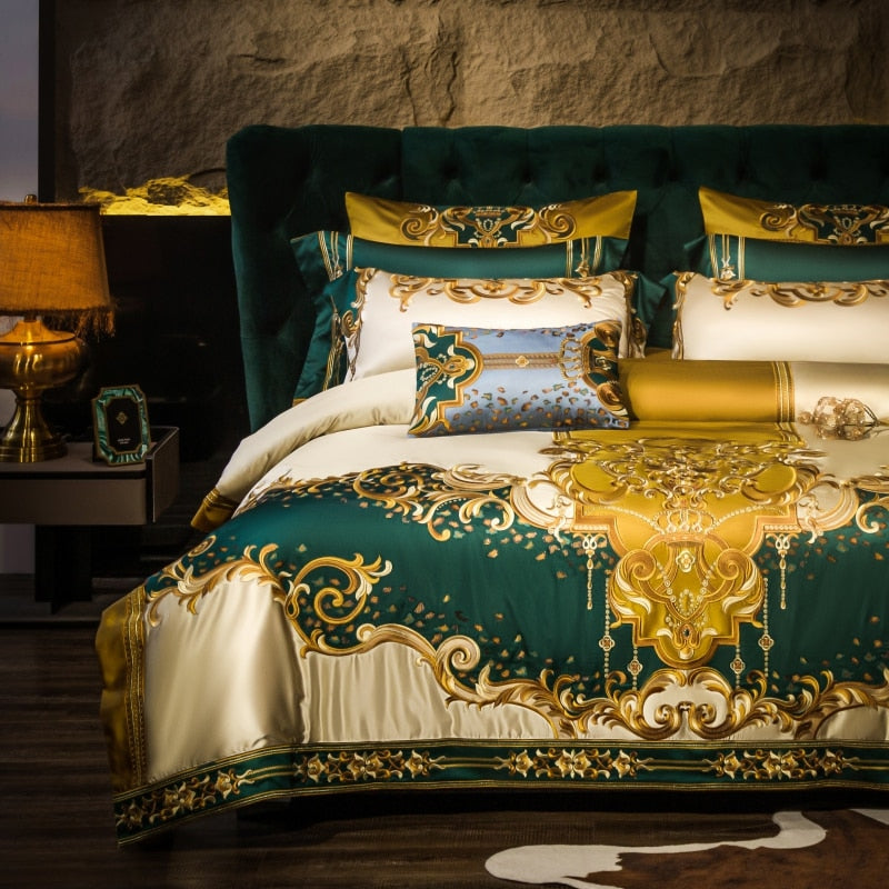 Rosalee Royal Gold and Green Embroidered Egyptian Cotton Duvet Cover Set