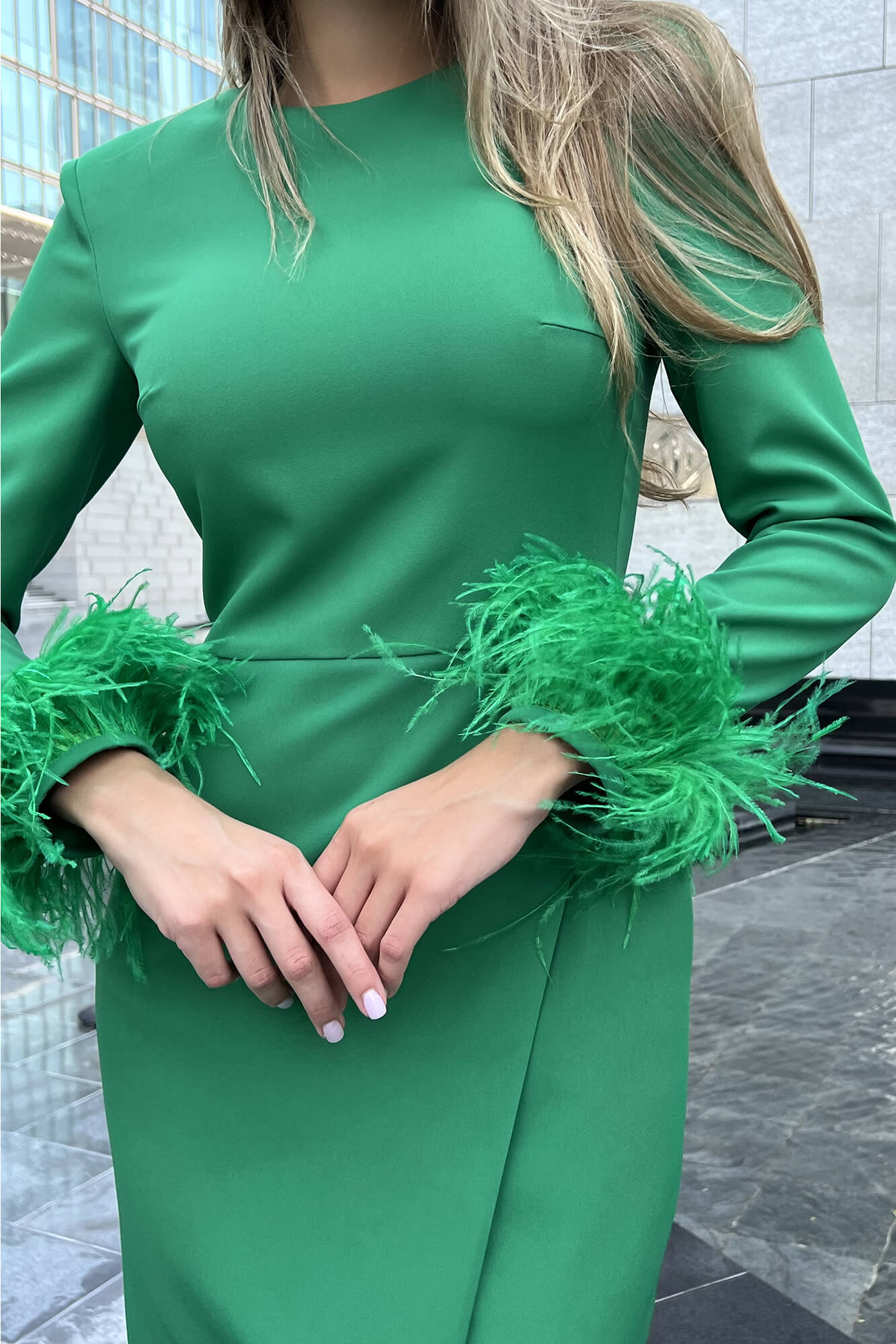 Wrap Feather Sleeve Midi Dress in Green