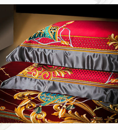 Niki Red Egyptian Cotton Embroidered Duvet Cover Set