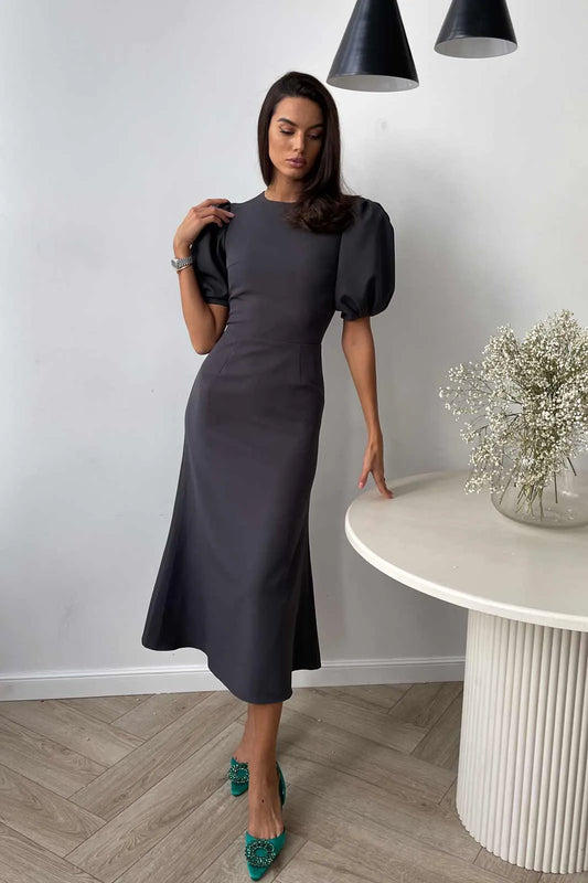 Godet Silhouette Puff Sleeve Midi Dress in Graphite