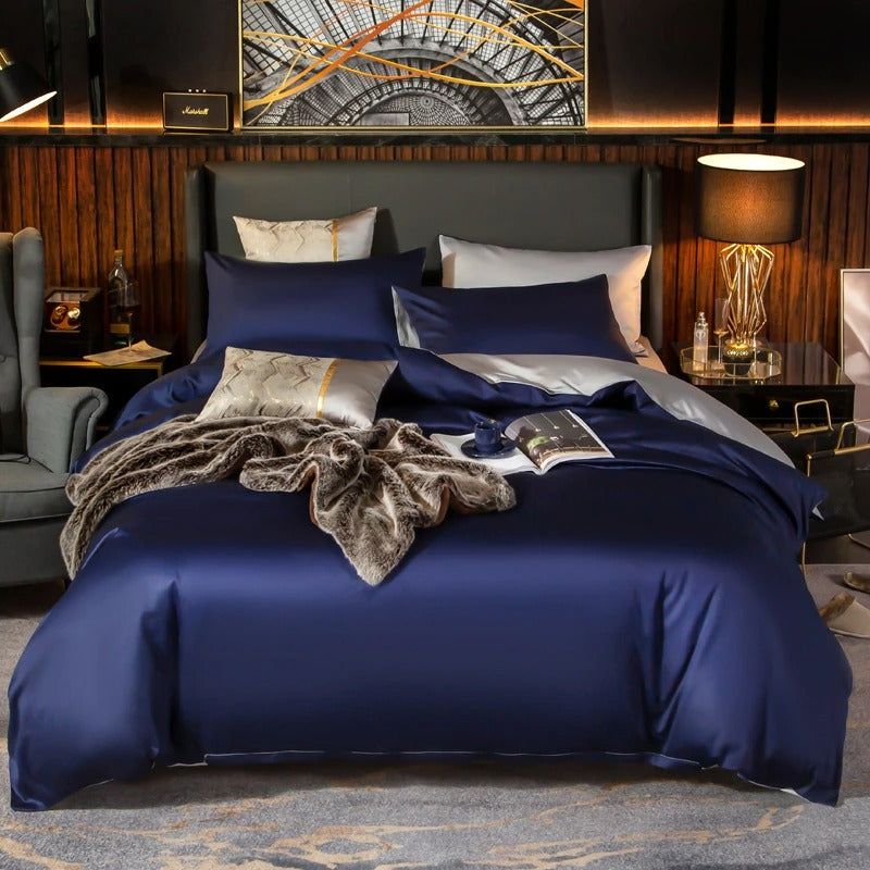 Shemir Royal Blue Silver Reversible Egyptian Cotton Duvet Cover Set