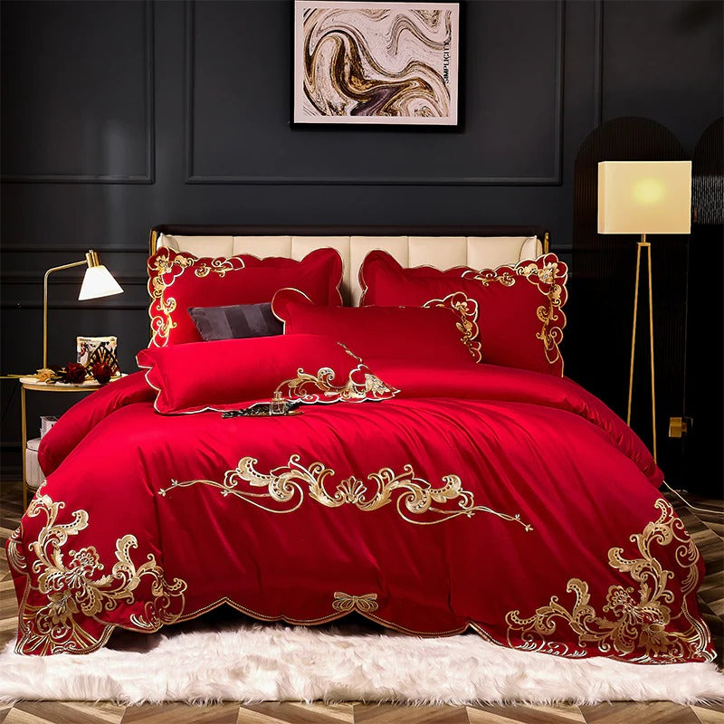 Miriam Red Embroidered Cotton Duvet Cover Set
