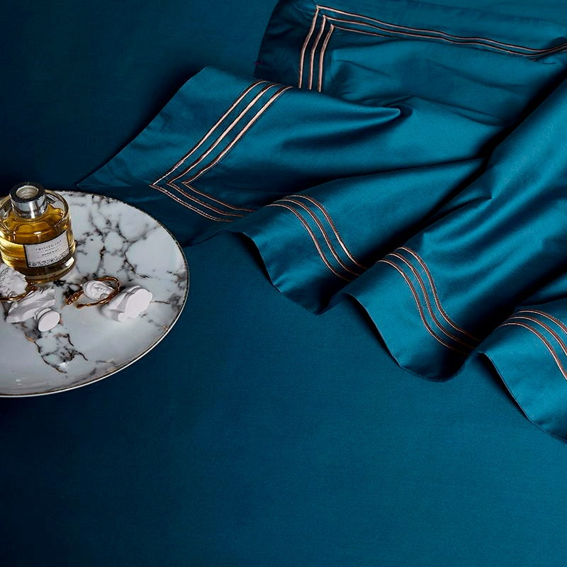Leila Blue Embroidered Edge Egyptian Cotton Duvet Cover Set