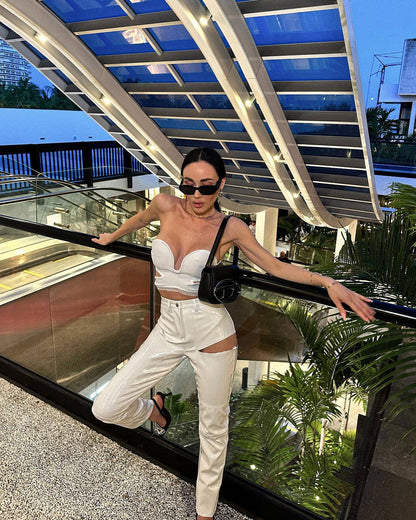 White Pants and Crop Top with Cutouts
