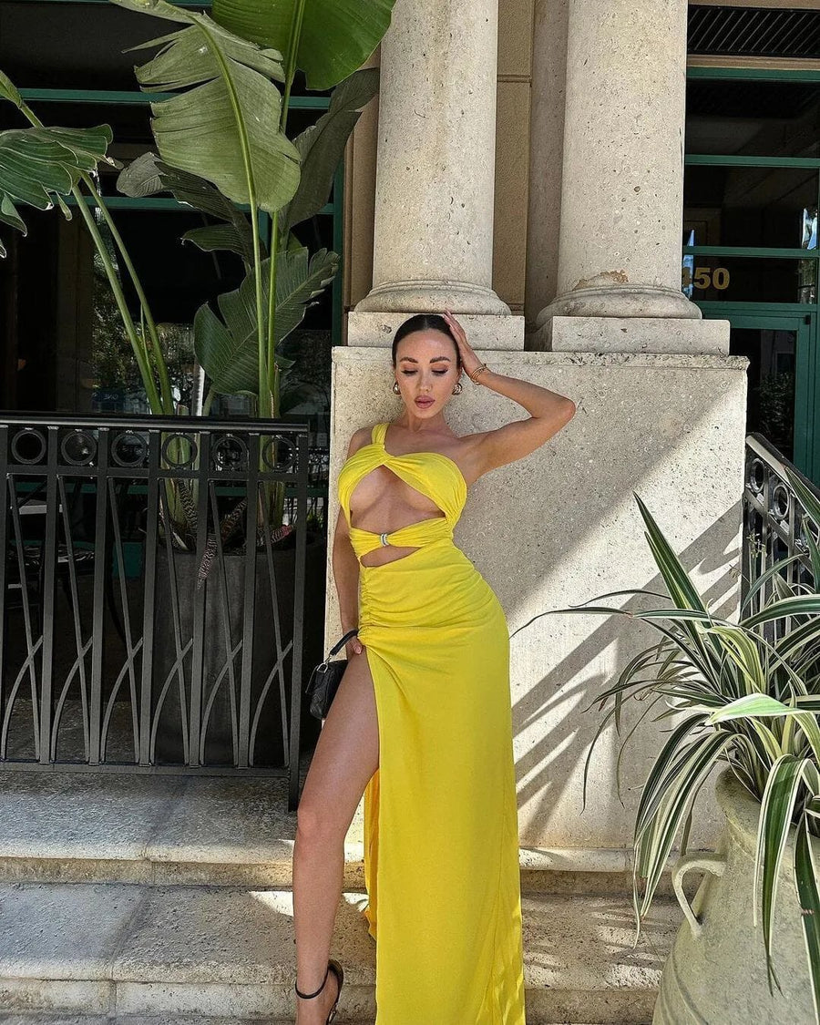 Yellow One-Shoulder Maxi Dress with Cutouts