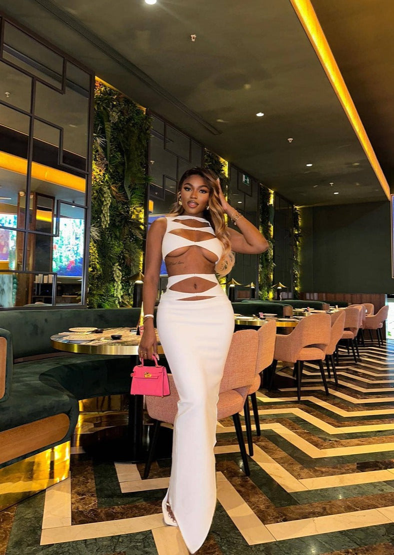 Cut-Outs Front White Two-Piece Set with Maxi Skirt