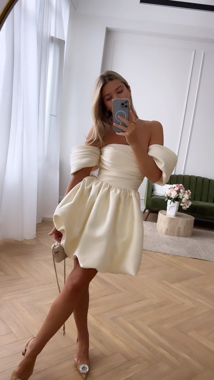 Draped Bodice Puffy Skirt Mini Dress in Beige