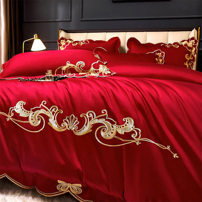 Miriam Red Embroidered Cotton Duvet Cover Set