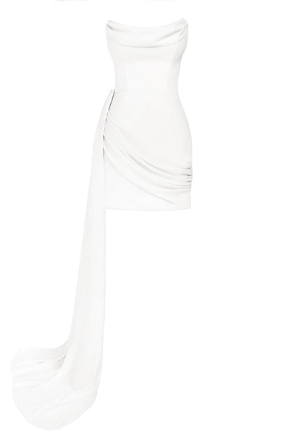 Сorset Draped Chiffon Train Mini Dress in White