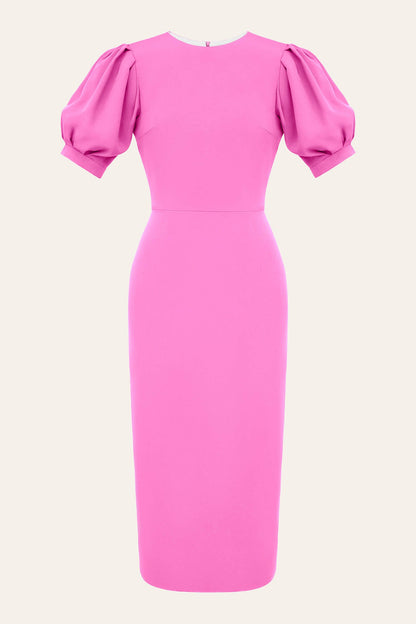 Godet Silhouette Puff Sleeve Midi Dress in Pink