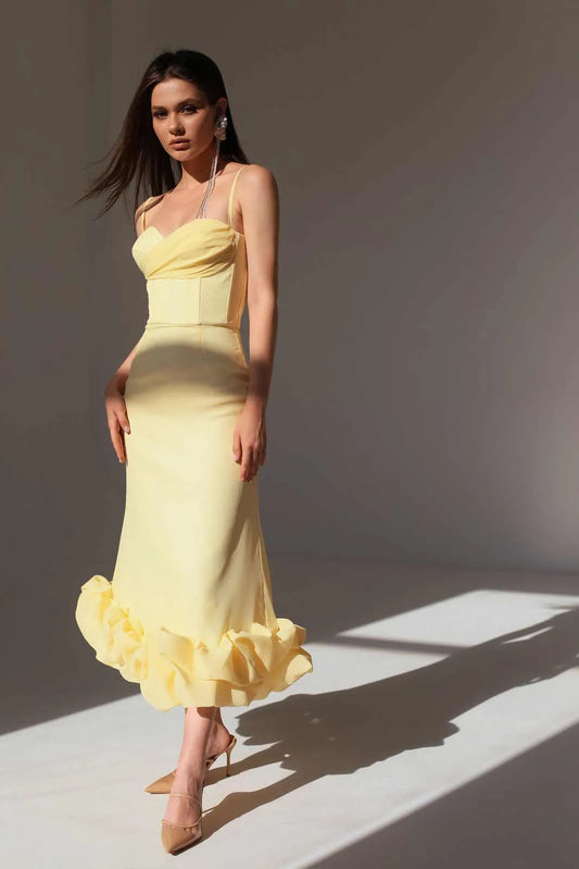 Draped Bodice Bottom Flounced Bustier Dress in Yellow