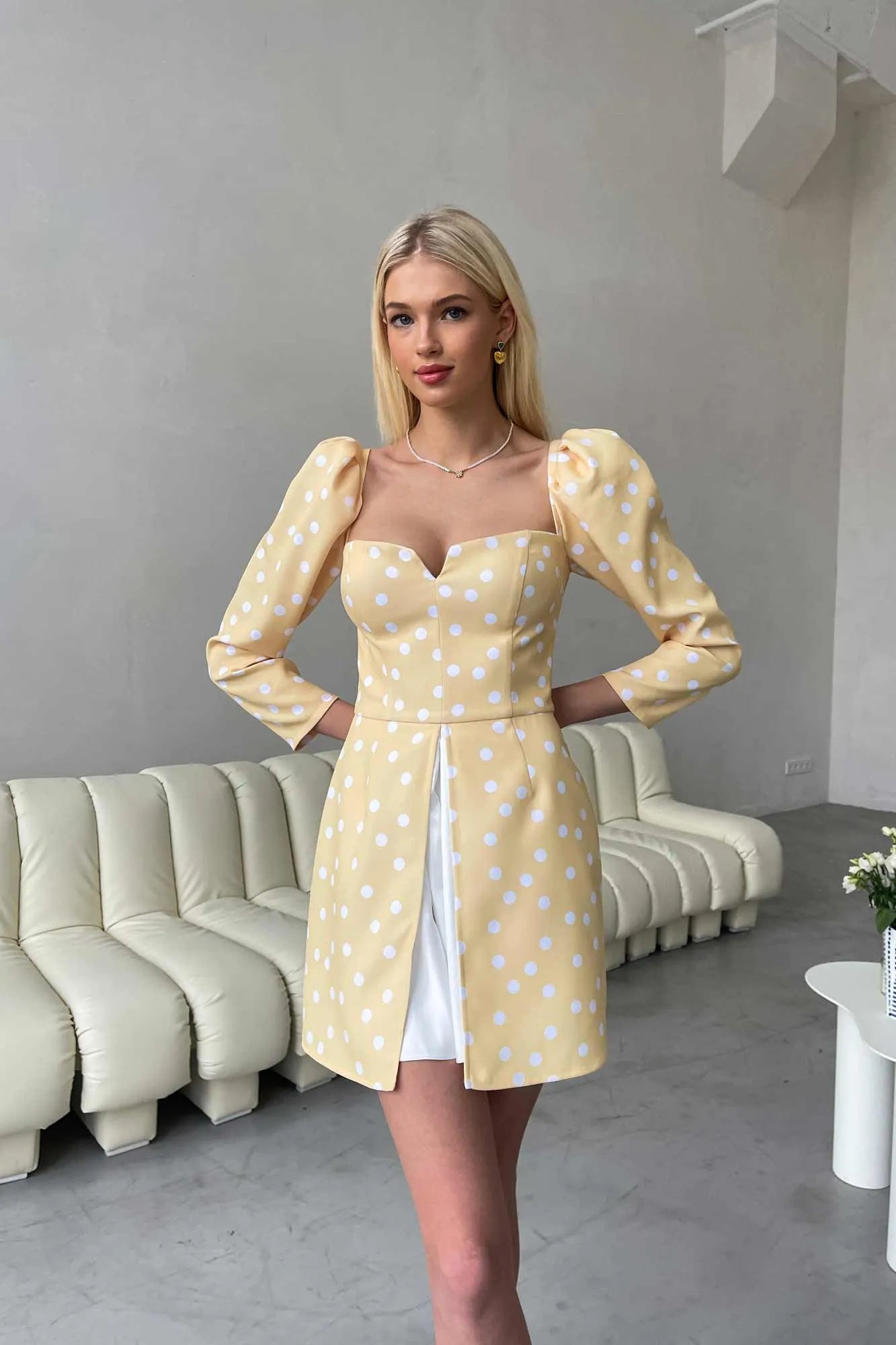 Polka Dot Printed Long Sleeve A-Line Mini Dress in Yellow