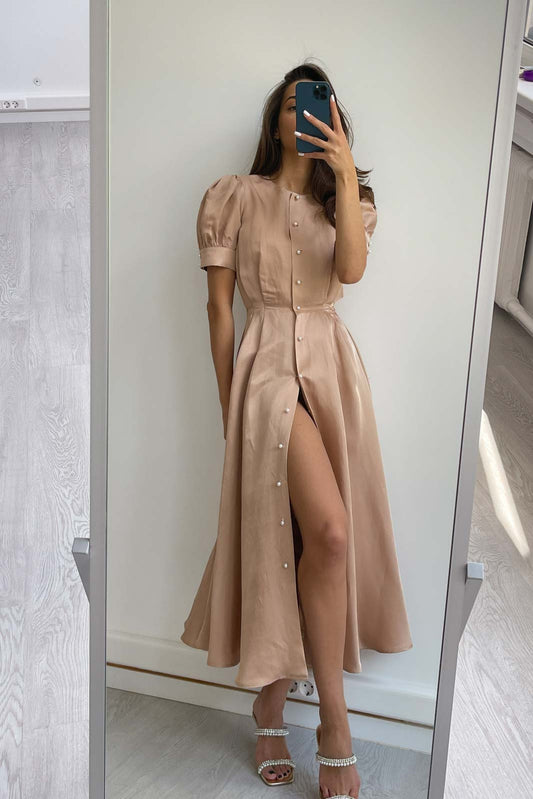 Button Front Midi Dress in Beige