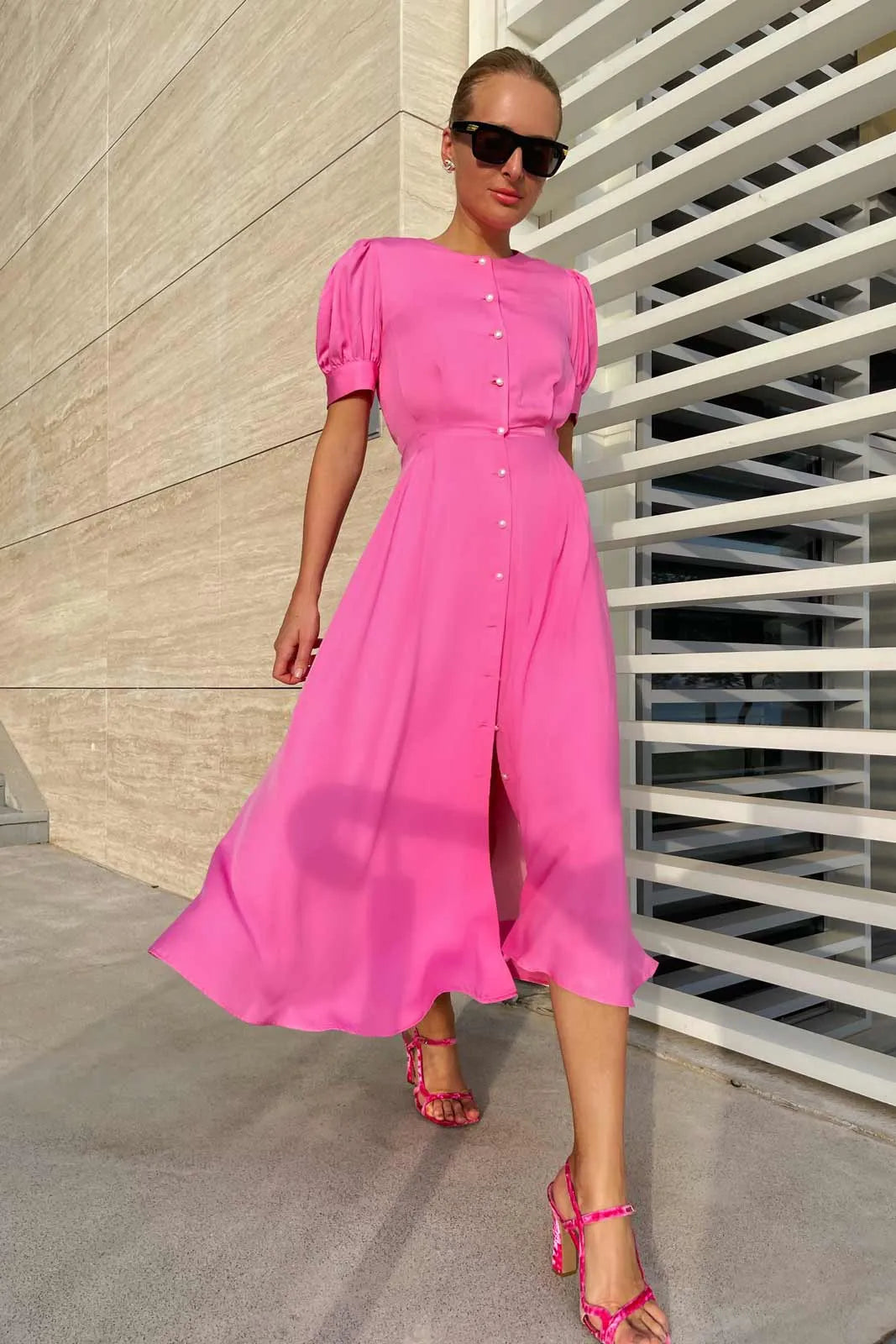 Button Front Midi Dress in Pink