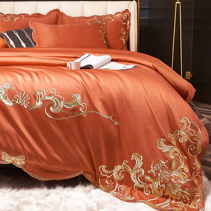 Miriam Orange Embroidered Cotton Duvet Cover Set