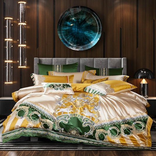 Caroline Green Embroidered Jacquard Satin Duvet Cover Set