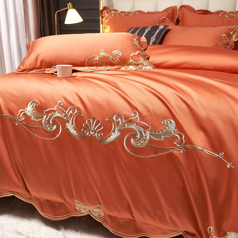 Miriam Orange Embroidered Cotton Duvet Cover Set