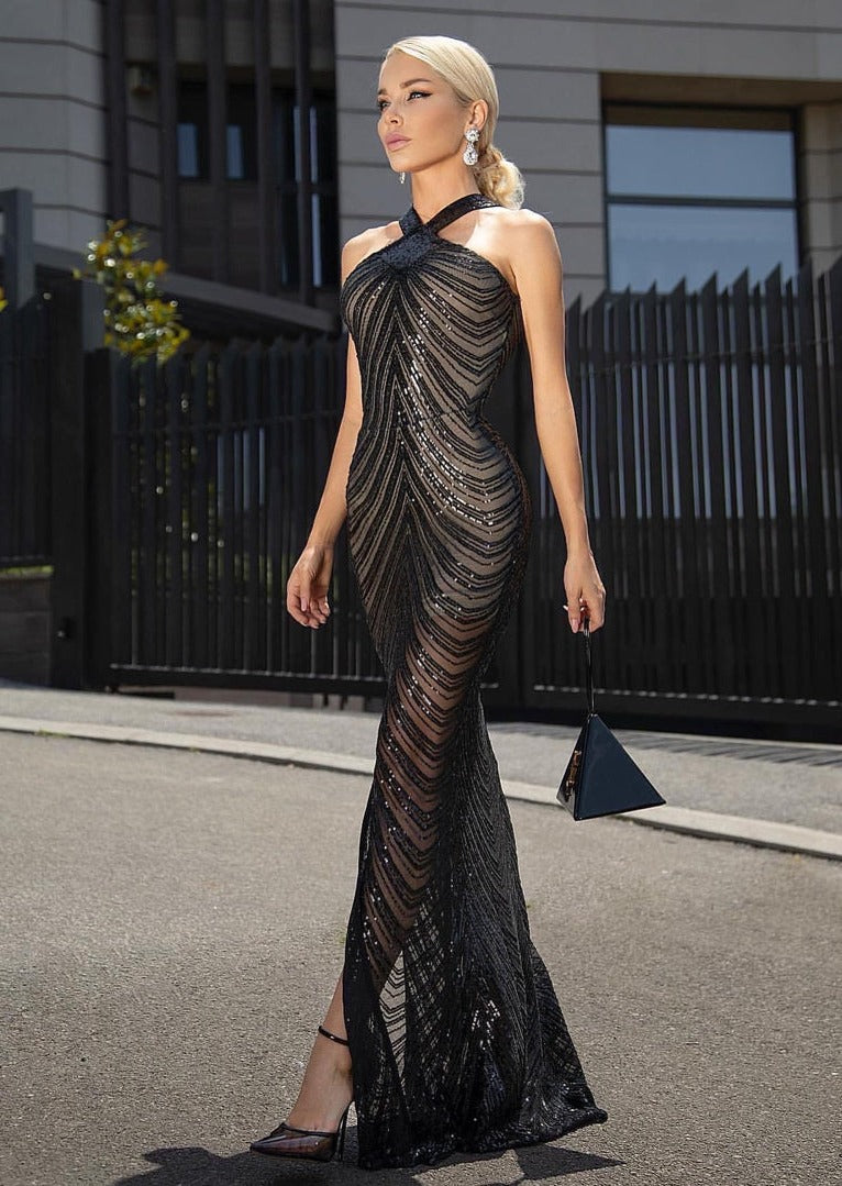 Black Sequin Maxi Dress with Front Slit