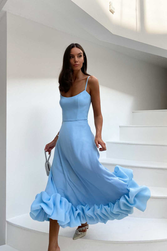 Flounce Bustier Midi Dress in Sky Blue