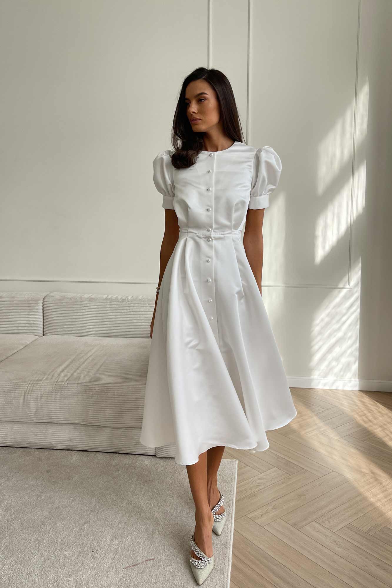 Button Front Midi Dress in Milk