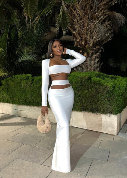 Cut-Out White Two-Piece Set with Tight Maxi Skirt