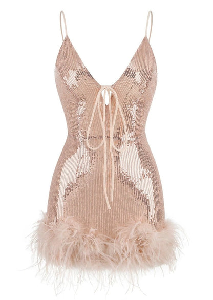 Beige Sequined Mini Dress with Feathers