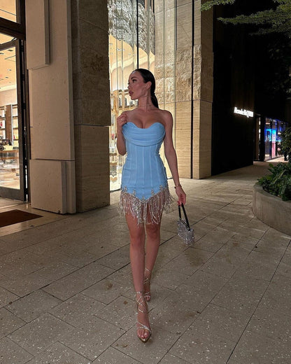 Corset Mini Sky Blue Dress with Rhinestone Threads