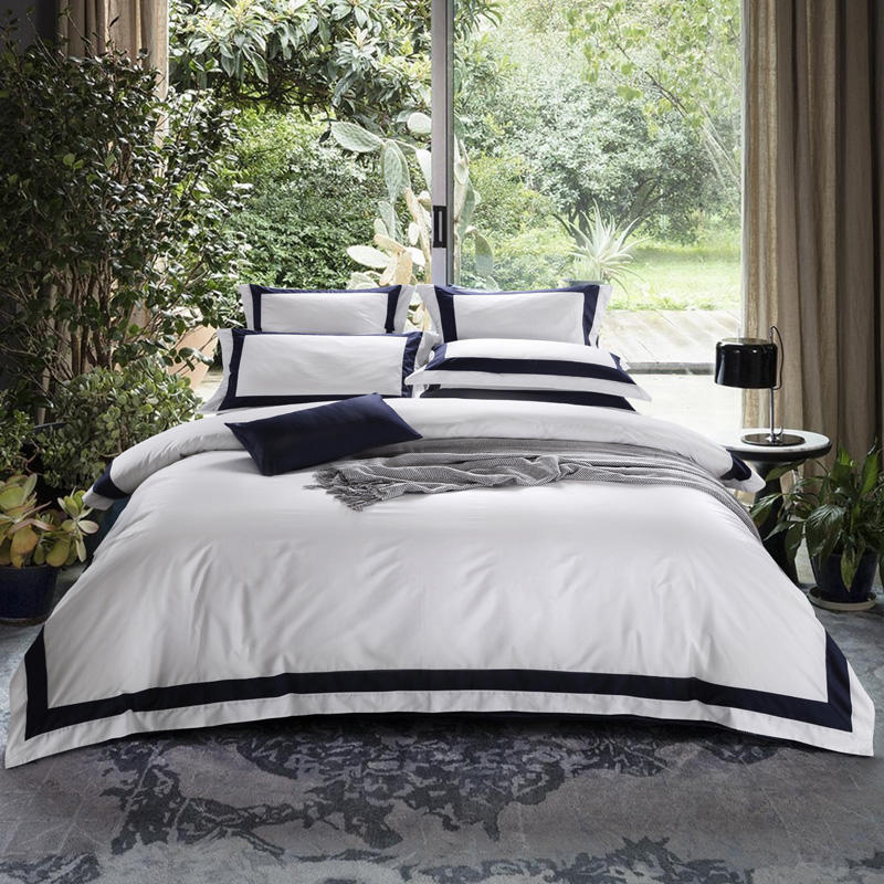 Degella Dark Blue Stripe Egyptian Cotton Luxury White Duvet Cover Set