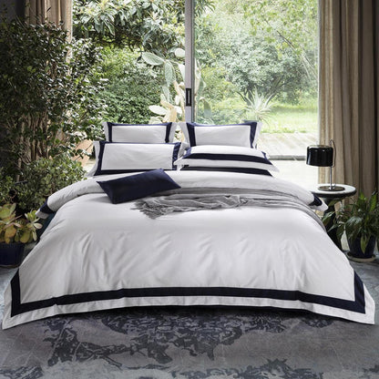 Degella Dark Blue Stripe Egyptian Cotton Luxury White Duvet Cover Set