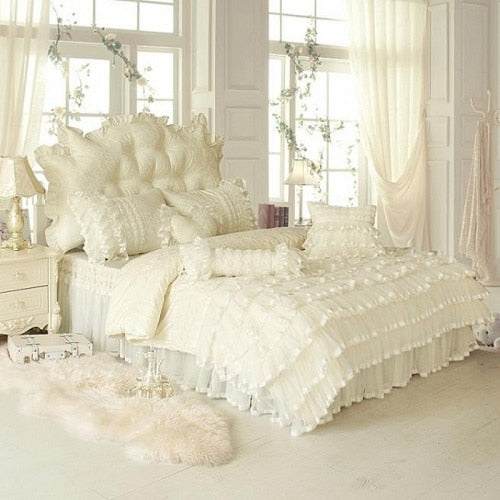 Aaliyah Triple Layered Ruffled Cotton And Lace Duvet Cover And Bed Skirt Set