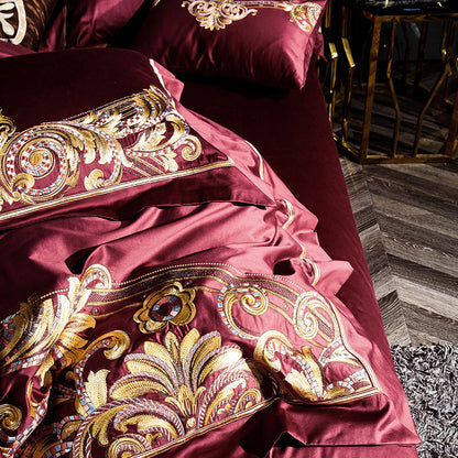 Lezkira Burgundy Red Luxury Egyptian Cotton Embroidery Duvet Cover Set