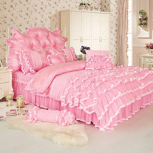 Aaliyah Triple Layered Ruffled Cotton And Lace Duvet Cover And Bed Skirt Set