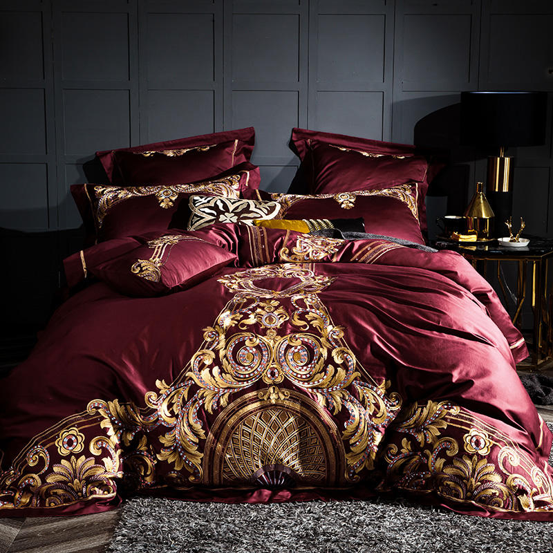 Lezkira Burgundy Red Luxury Egyptian Cotton Embroidery Duvet Cover Set