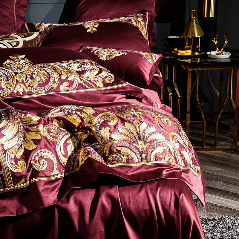 Lezkira Burgundy Red Luxury Egyptian Cotton Embroidery Duvet Cover Set