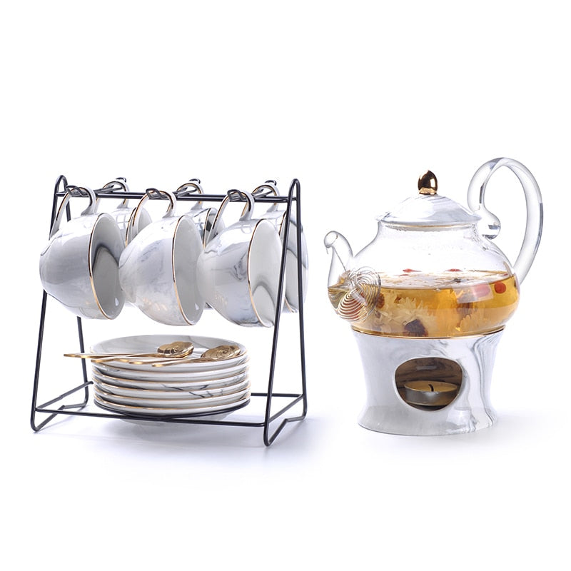 Rimiero Marbling Porcelain Tea/Coffee Set with Candle Warmer