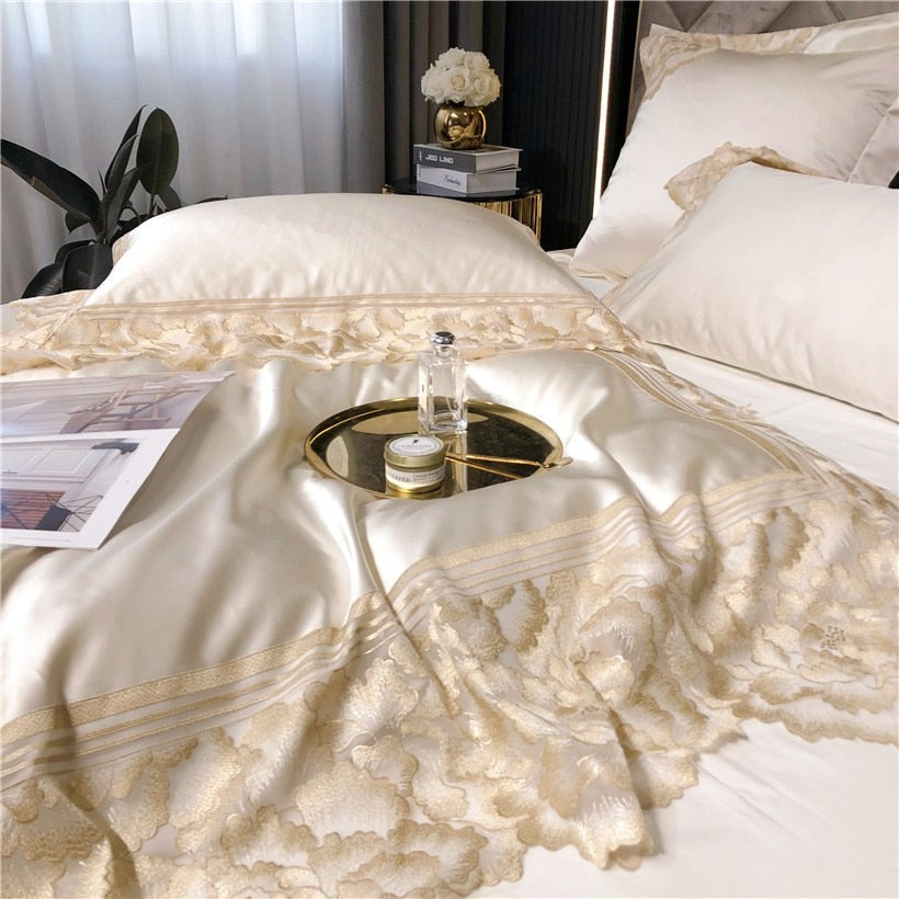 Joanna Scalloped Lace Edge Satin Egyptian Cotton Duvet Cover Set