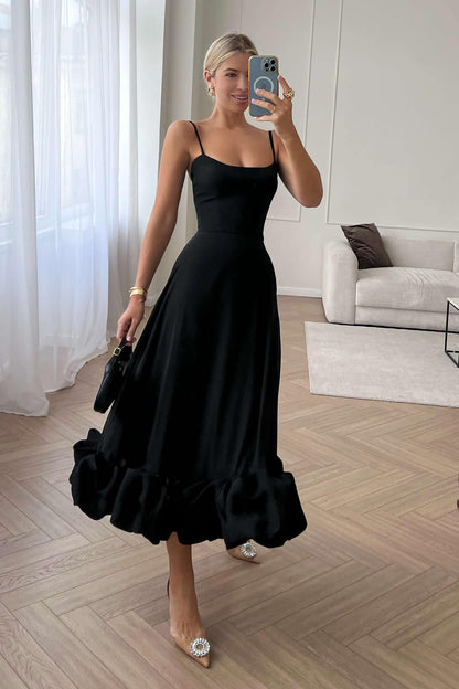 Flounce Bustier Midi Dress in Black