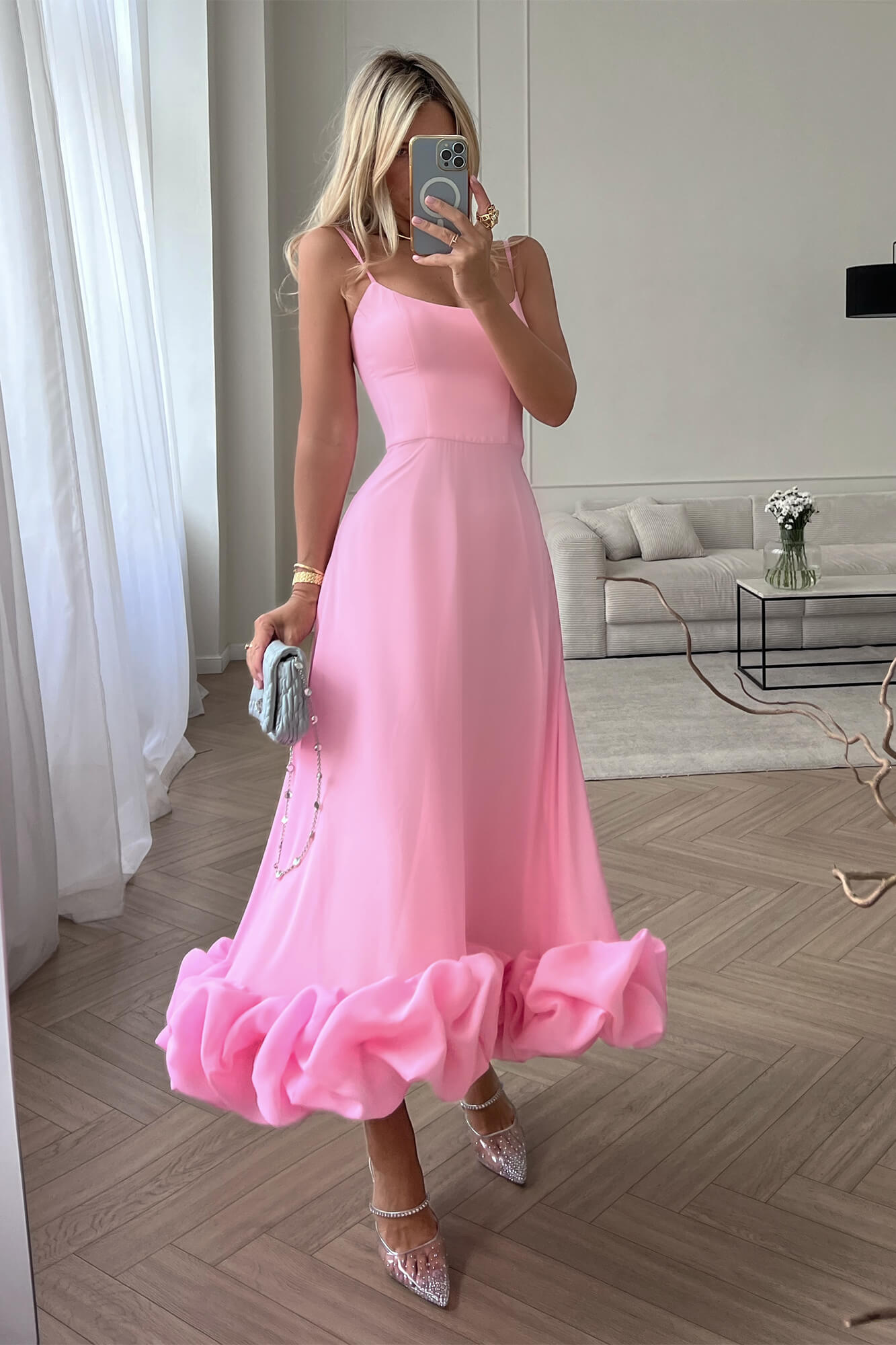 Flounce Bustier Midi Dress in Pink