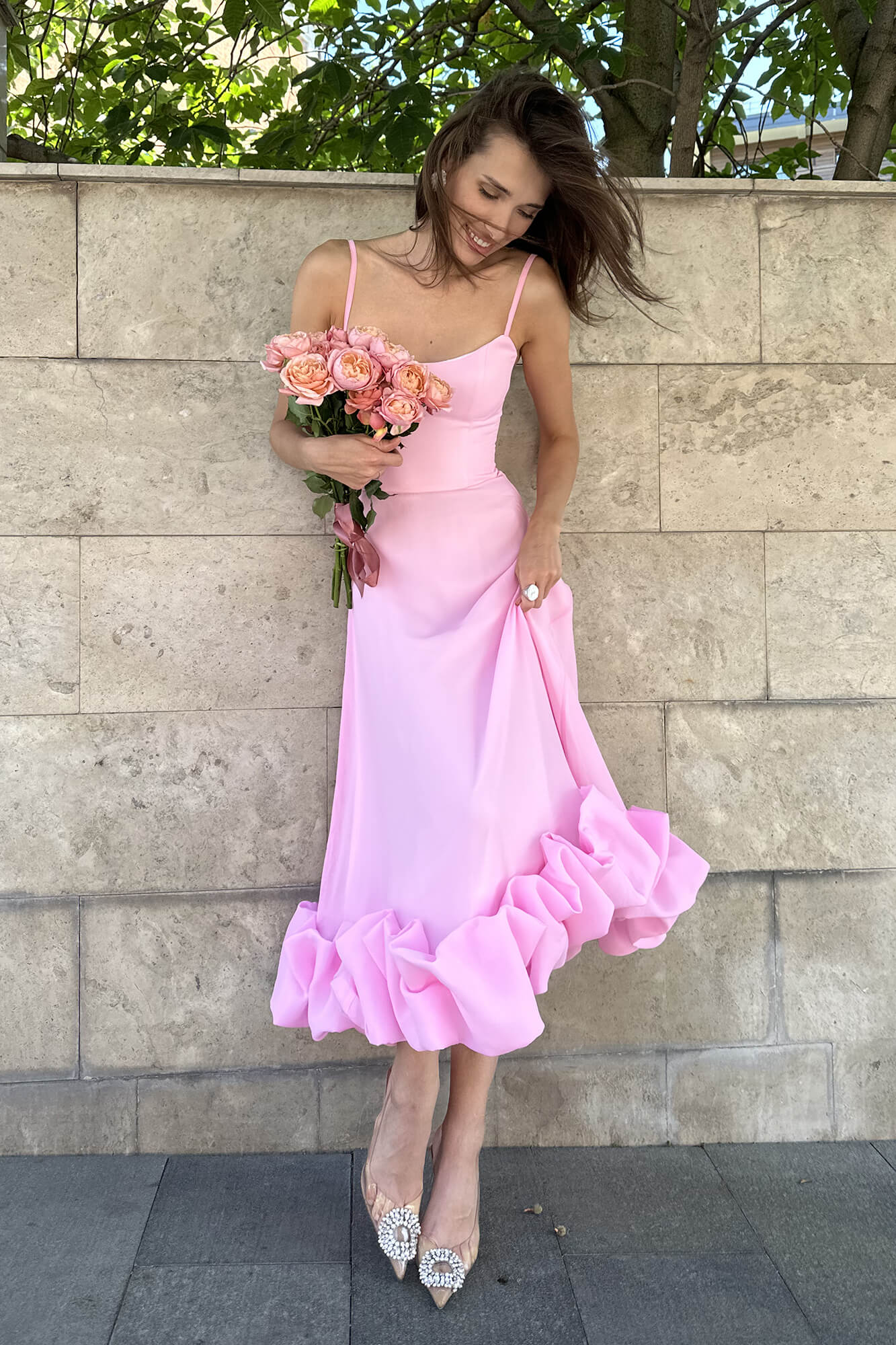 Flounce Bustier Midi Dress in Pink