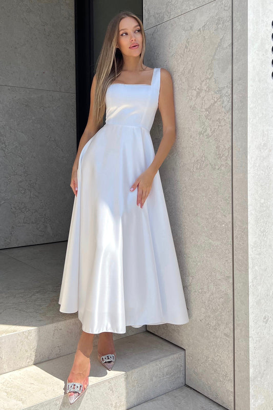 Strap Decorated Bodice Midi Dress in Milk