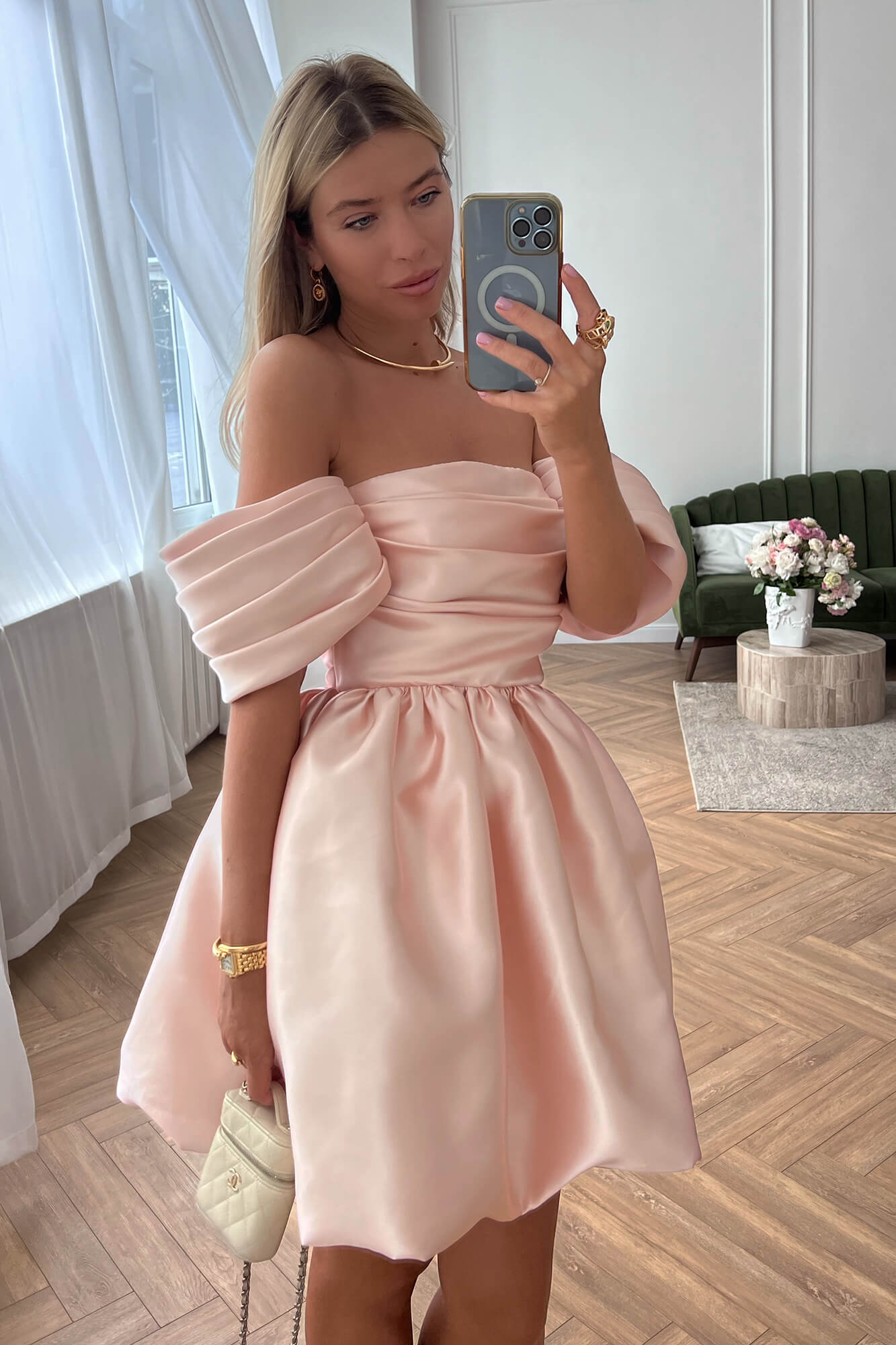 Draped Bodice Puffy Skirt Mini Dress in Pink