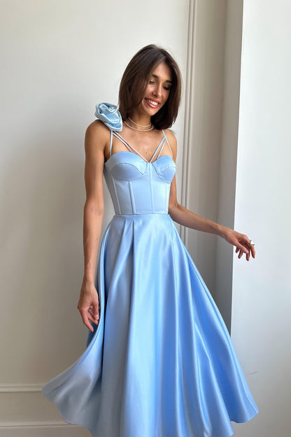 Rose Detail Bell Corset Midi Dress in Sky Blue