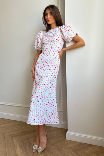 Puff Sleeve Printed Midi Dress in Ecru