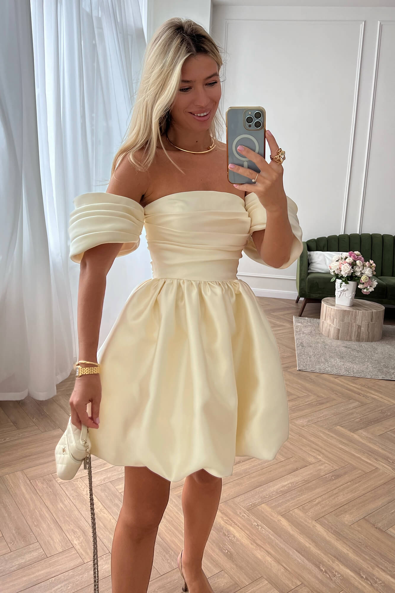 Draped Bodice Puffy Skirt Mini Dress in Beige