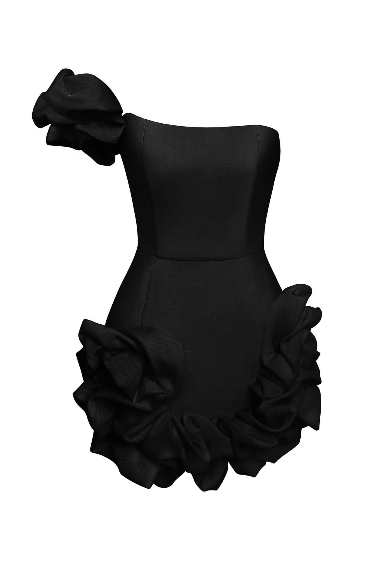 Flounced Bottom One Shoulder Bustier Dress in Black