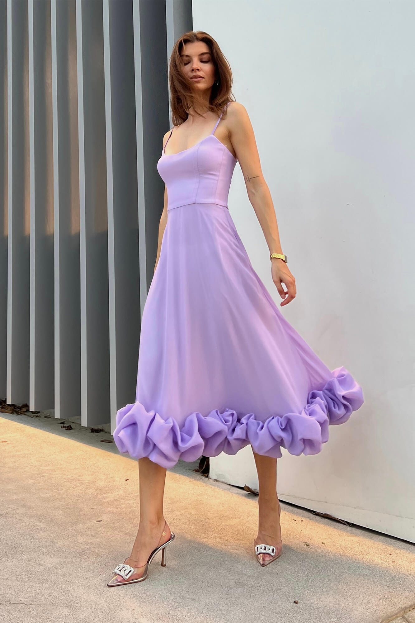 Flounce Bustier Midi Dress in Purple