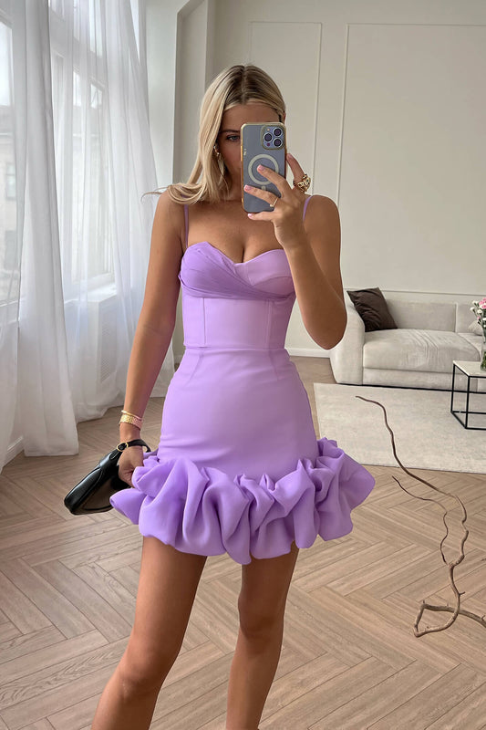 Draped Ruffle Mini Bustier Dress in Lavender