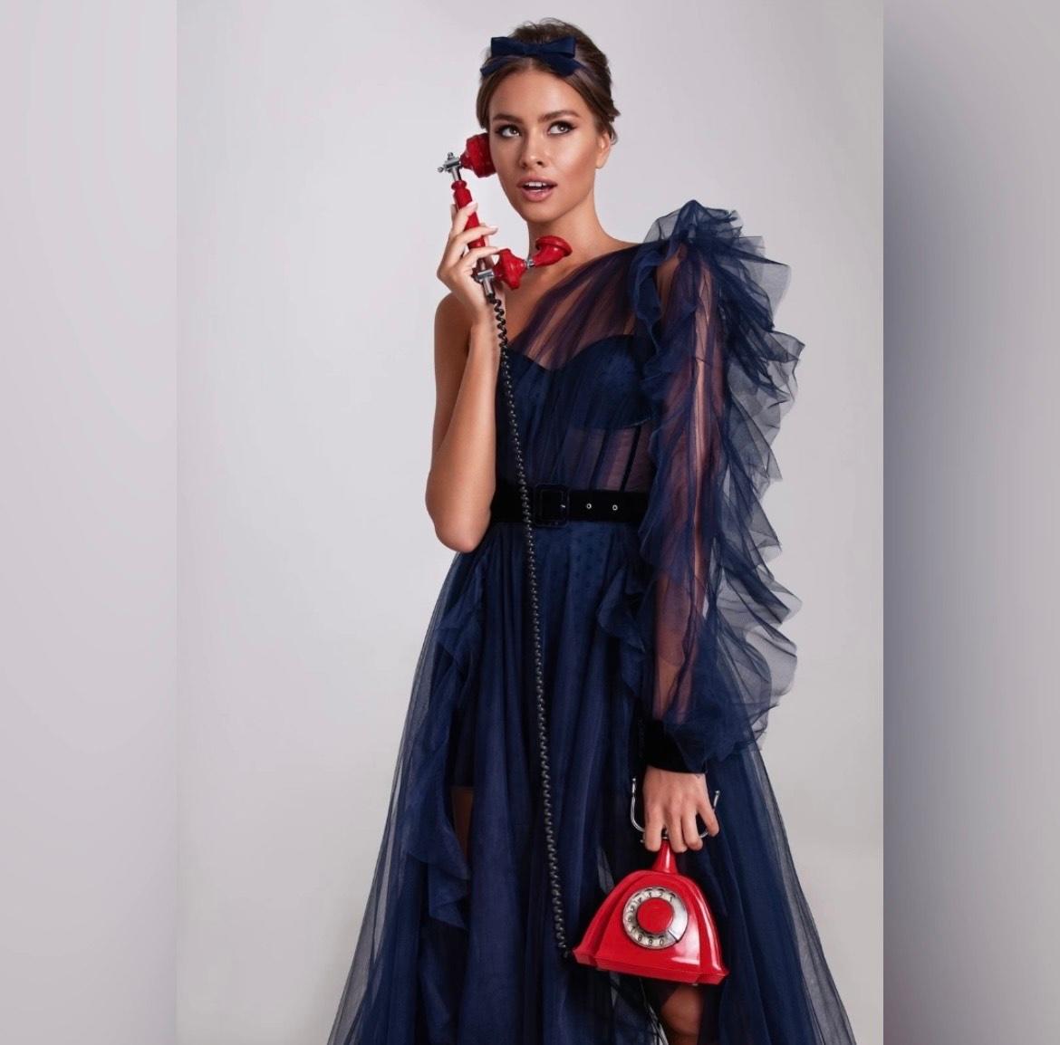 One-Shoulder Tulle Navy Gown with Ruffled Skirt